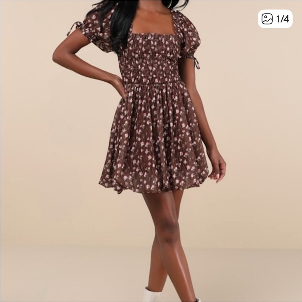 Lulus Delightful Crush Brown Floral Smocked Puff Sleeve Mini Dress medium